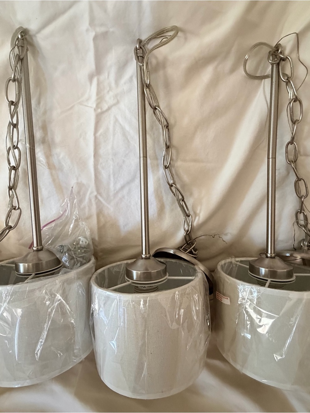 Set of 3 Brushed Nickel Pendant Lights with White Fabric Shades